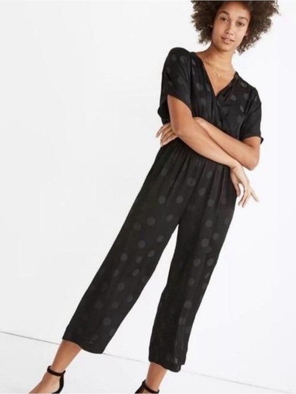 Madewell Wrap Front Smock Waist Jumpsuit in Dot Jacquard Sz XS